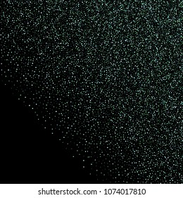 Green, blue stars, sprocket, shiny confetti. Scattered little sparkling, silver, glitter balls, circles. Random stellar falling on black background. New Year Christmas background. Vector illustration.