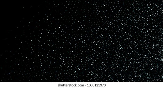 Green, blue stars, sprocket, shiny confetti. Scattered little sparkling, silver, glitter balls, circles. Random stellar falling on black background. New Year Christmas background. Vector illustration.