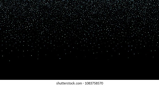 Green, blue stars, sprocket, shiny confetti. Scattered little sparkling, silver, glitter balls, circles. Random stellar falling on black background. New Year Christmas background. Vector illustration.