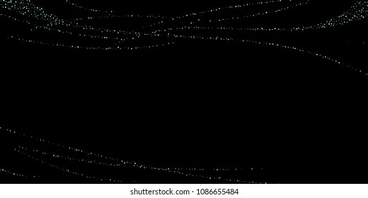 Green, blue stars, sprocket, shiny confetti. Scattered little sparkling, silver, glitter balls, circles. Random stellar falling on black background. New Year Christmas background. Vector illustration.