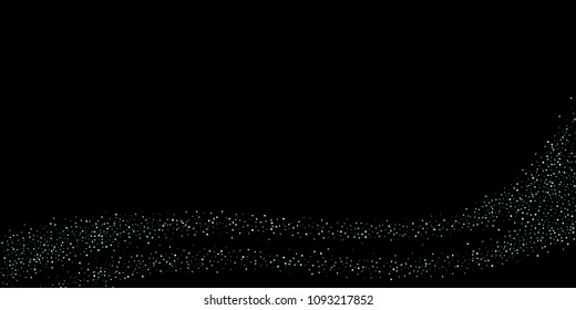 Green, blue stars, sprocket, shiny confetti. Scattered little sparkling, silver, glitter balls, circles. Random stellar falling on black background. New Year Christmas background. Vector illustration.