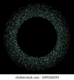 Green, blue stars, sprocket, shiny confetti. Scattered little sparkling, silver, glitter balls, circles. Random stellar falling on black background. New Year Christmas background. Vector illustration.