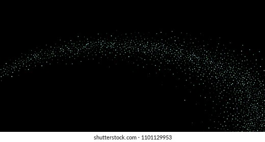 Green, blue stars, sprocket, shiny confetti. Scattered little sparkling, silver, glitter balls, circles. Random stellar falling on black background. New Year Christmas background. Vector illustration.