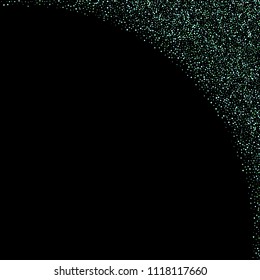 Green, blue stars, sprocket, shiny confetti. Scattered little sparkling, silver, glitter balls, circles. Random stellar falling on black background. New Year Christmas background. Vector illustration.