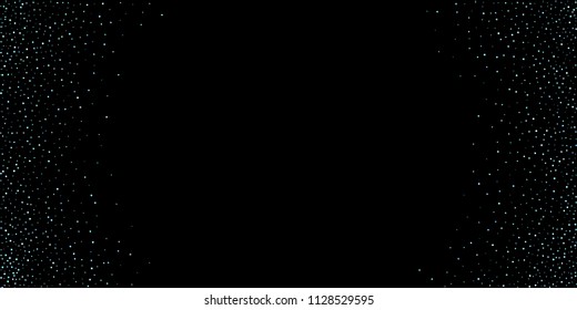 Green, blue stars, sprocket, shiny confetti. Scattered little sparkling, silver, glitter balls, circles. Random stellar falling on black background. New Year Christmas background. Vector illustration.