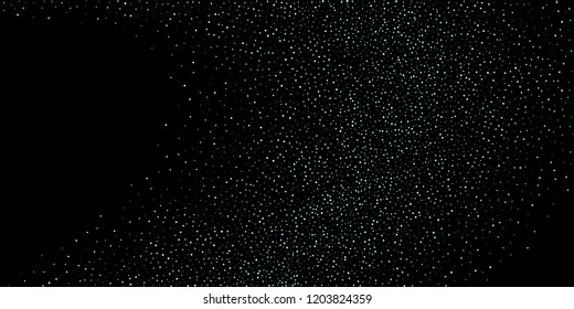 Green, blue stars, sprocket, shiny confetti. Scattered little sparkling, silver, glitter balls, circles. Random stellar falling on black background. New Year Christmas background. Vector illustration.