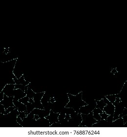 Green, blue stars, sprocket, shiny confetti. Scattered little sparkling, silver, glitter balls, circles. Random stellar falling on black background. New Year Christmas background. Vector illustration.