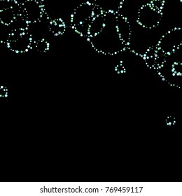 Green, blue stars, sprocket, shiny confetti. Scattered little sparkling, silver, glitter balls, circles. Random stellar falling on black background. New Year Christmas background. Vector illustration.