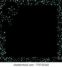 Green, blue stars, sprocket, shiny confetti. Scattered little sparkling, silver, glitter balls, circles. Random stellar falling on black background. New Year Christmas background. Vector illustration.
