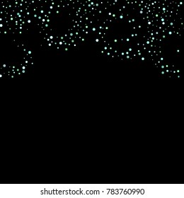 Green, blue stars, sprocket, shiny confetti. Scattered little sparkling, silver, glitter balls, circles. Random stellar falling on black background. New Year Christmas background. Vector illustration.