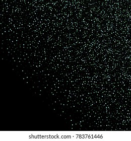Green, blue stars, sprocket, shiny confetti. Scattered little sparkling, silver, glitter balls, circles. Random stellar falling on black background. New Year Christmas background. Vector illustration.