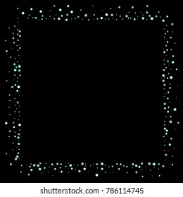 Green, blue stars, sprocket, shiny confetti. Scattered little sparkling, silver, glitter balls, circles. Random stellar falling on black background. New Year Christmas background. Vector illustration.