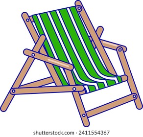 Green and blue striped deck chair, wooden frame, isolated. Summer vacation and beach relaxation vector illustration.