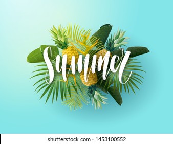 Green and blue summer tropical background with exotic palm leaves, bird of paradise flowers and pineapples. White handlettering with 3d effect. Vector floral illustration.