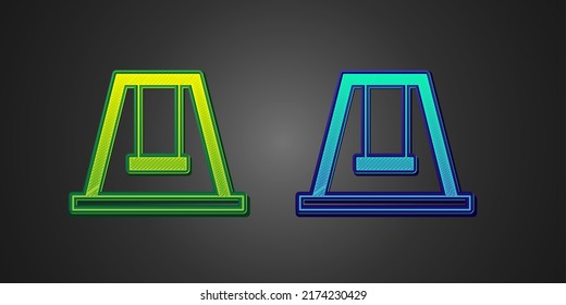 Green and blue Swing for kids summer games on playground icon isolated on black background. Outdoor entertainment equipment.  Vector