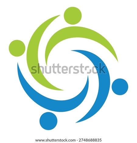Green and blue swirling human figures in circular motion graphic design element icon