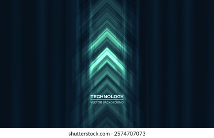 Green and blue technology arrows on dark futuristic abstract background. High-speed movement and dynamic motion up hi tech digital arrows. Vector illustration