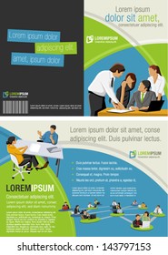 Green and blue template for advertising brochure with business people 