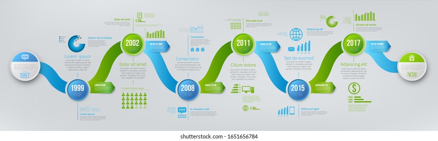 Green and blue template business concept wave timeline arrows. Infographics layout with 6 steps, workflow history with diagram,presentation and graph