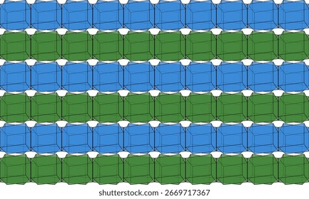 green and Blue tone cube 3D horizontal strip seamless repeat pattern, replete image design for fabric printing or wallpaper, blue abstract wall, checkerboard boxes