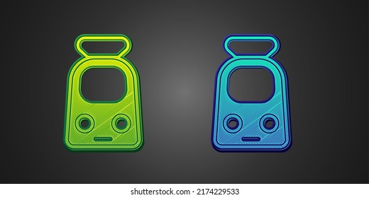 Green and blue Train and railway icon isolated on black background. Public transportation symbol. Subway train transport. Metro underground.  Vector