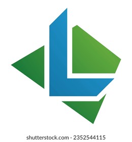 Green and Blue Trapezium Shaped Letter L Icon on a White Background