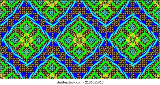 Green and blue tribal fabric pattern on a black, brown patterned background, designed as a template for printing on fabric or carpet, drapery, wallpaper or paper.