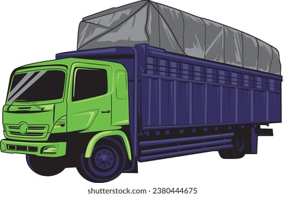 Green and blue  truck carrying cargo covered with tarpaulin tied with rope - delivery truck isolated on a white background. Vector illustration