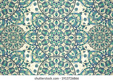 Tonos turcos verdes y azules sin fisuras con adornos florales de lujo. Motivos tradicionales árabes e indios. Ideal para tejidos y textiles, papel pintado, embalaje o cualquier idea deseada.