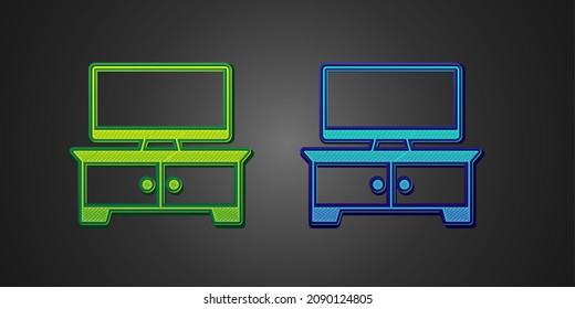 Green and blue TV table stand icon isolated on black background.  Vector