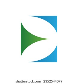 Green and Blue Uppercase Letter E Icon with Curvy Triangles on a White Background