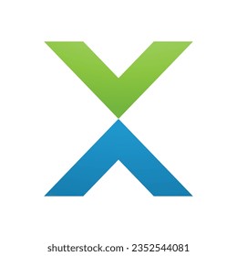Green and Blue V Shaped Letter X Icon on a White Background
