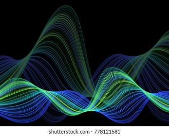 Green and blue vector abstract flowing curves background, geometric design. Futuristic smoky vector pattern for cover, banner layout, print or website. Multiple intersecting lines, fibers motion.