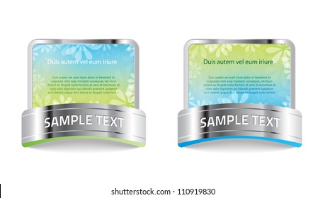 Green / blue vector banners / stickers / badges collection with bright colorful floral background and metallic decoration