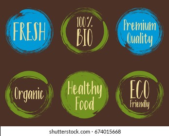Green and blue vector organic labels, bio emblems for natural products packaging. Fresh, eco friendly, 100% bio, premium quality, organic healthy food labels.