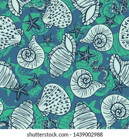 Green and blue vector retro seahorse, starfish and seashell seamless pattern background in a vintage engraving style.