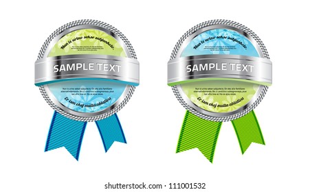 Green / blue vector round badge / banner with floral background, metallic decoration and ribbons