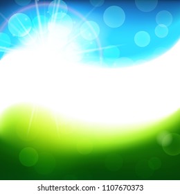 Green blue vector sunny background, bright spring and summer abstract backdrop with an empty space for text