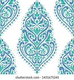 Green and blue vintage seamless pattern with blooming flowers. Vector background template, luxury elements. Great for fabric, invitation, wallpaper, decoration, packaging or any desired idea.