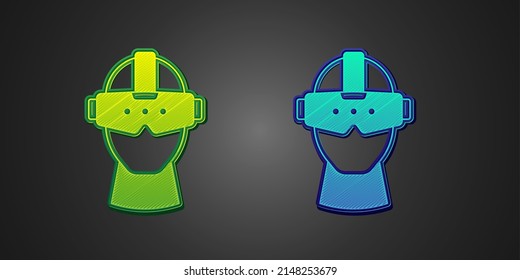 Green and blue Virtual reality glasses icon isolated on black background. Stereoscopic 3d vr mask. Optical head mounted display.  Vector