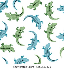 Green and blue watercolor crocodile pattern. Vector seamless background with alligators.