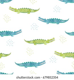 Green and blue watercolor crocodile pattern. Vector seamless background with alligators.