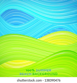 Green and blue wave background. Vector illustration for your bright natural design. Book cover. Ecological stripe wallpaper. Set of excellent summer wave. Abstract presentation of sky and ground.