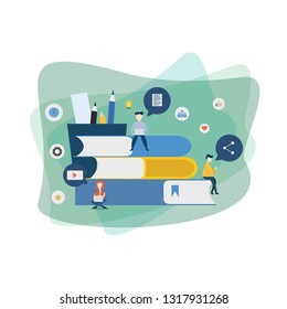 Green blue white team work man girl book pencil lamp gear star thumb heart clock illustration vector suitable for business internet digital education student web accounting laptop