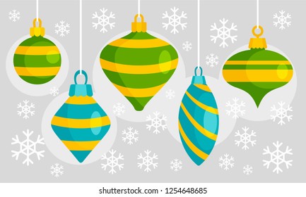 Green blue xmas toy banner. Flat illustration of green blue xmas toy vector banner for web design