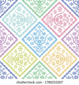 Green, blue, yellow and purple color floral motif seamless pattern on white background for wallpaper, packaging and textile. Colorful ethnic geometric abstract endless flat fabric for tile.