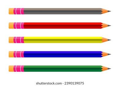 Green, blue, yellow, red and grey Colored pencils laying in row. Vector illustration on white background. EPS 10 File.