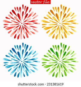 Green, Blue, Yellow And Red Watercolor Vector Sunburst Flower