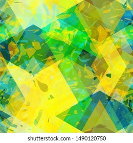 Green, blue, yellow seamless texture with rhombus and blots. Abstract vector background for web page, banners backdrop, fabric, home decor, wrapping