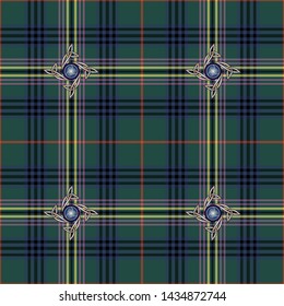 Green, blue and yellow stylized checkered background with celtic pattern for prints, fabrics, designs, clothes. The basis of the background is the Kennedy Modern Tartan